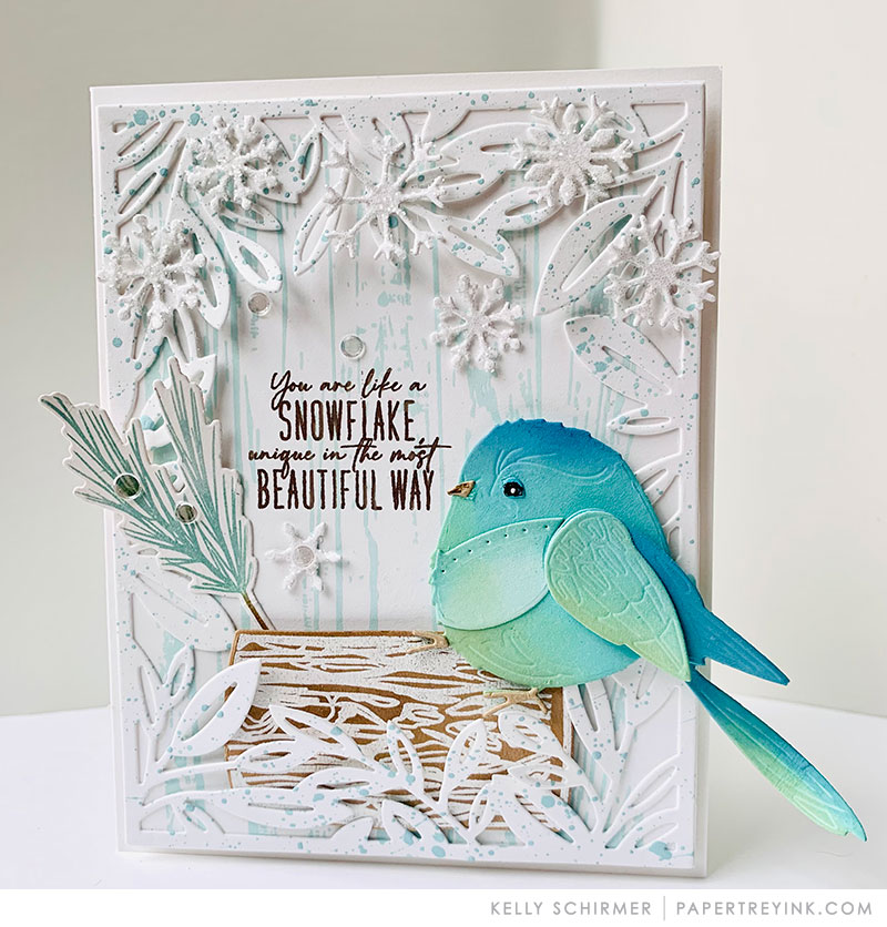 Feathered Friends 15 + Weathered Wood Background + Border Bling: Snowflakes  + Inside Greetings: Snow